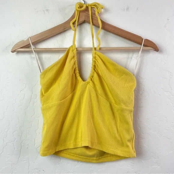 Aritzia Wilfred Yellow Merci Ribbed Halter Crop Top Size Medium - Picture 8 of 13